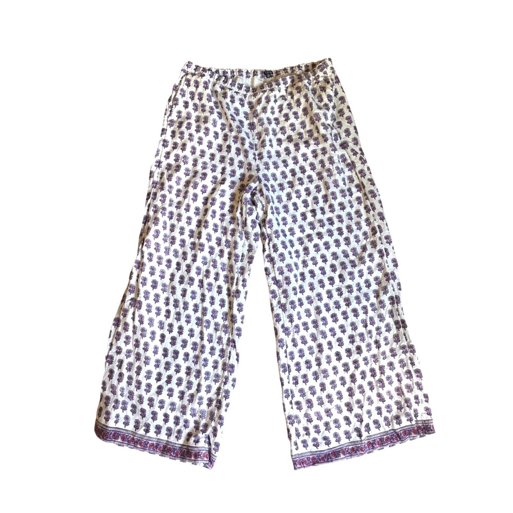 J.Crew XL Linen Wide Leg Pants Purple Floral Block Print Elastic Waist Ivory